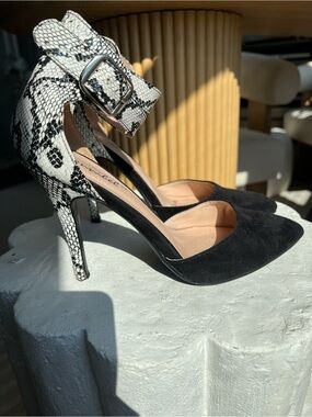 DSW Black Suede Pointed-Toe Heels with Snake-Print Ankle Strap